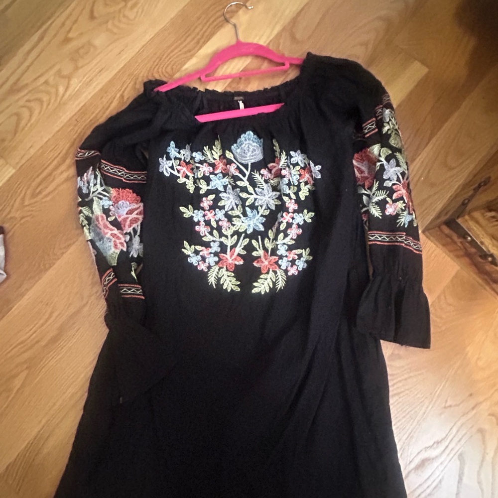 Free People Black Dress with Floral Embroidery